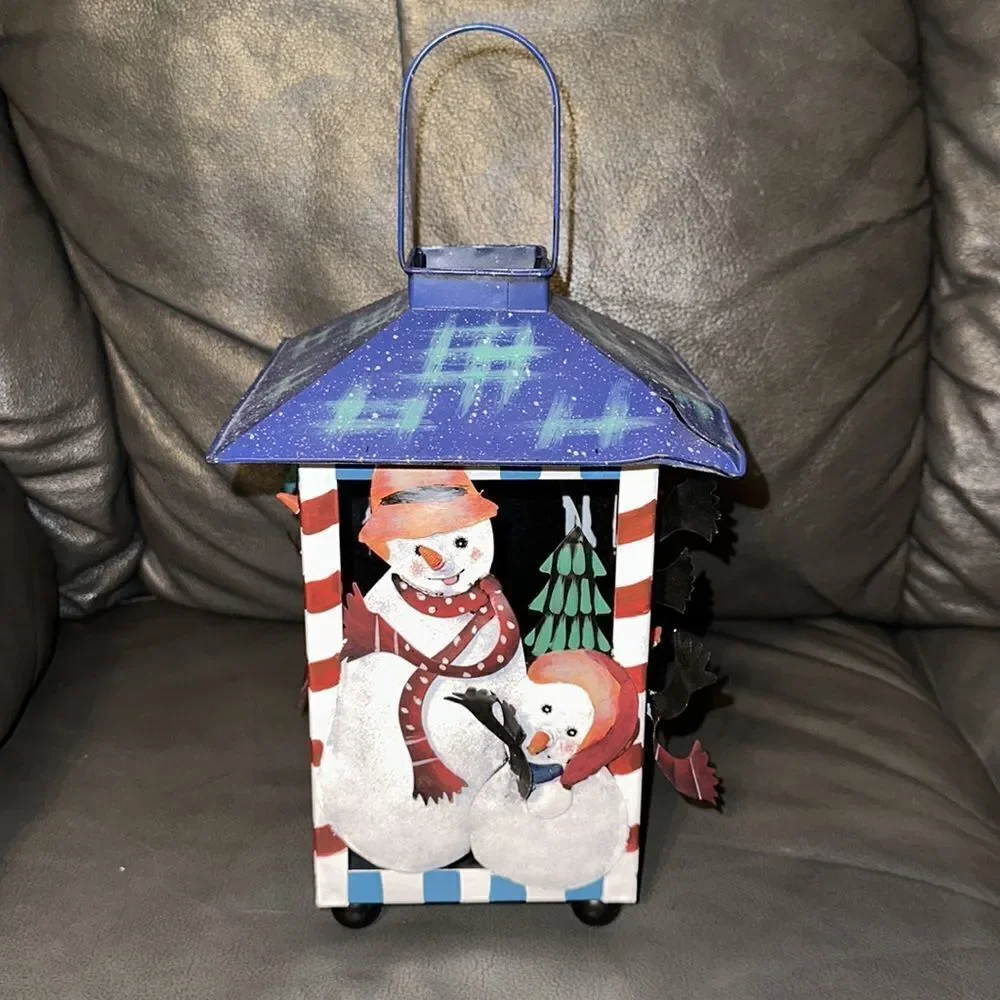 Tin Metal Snowman Candle Light Lantern Christmas Holiday Decor